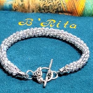 Kumihimo Woven Hand Beaded Silver Crystal Bracelet